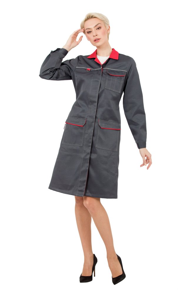 Халат рабочий женский летний/демисезонный "Страйк" цвет темно-серый/красный