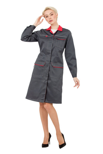 Халат рабочий женский летний/демисезонный "Страйк" цвет темно-серый/красный
